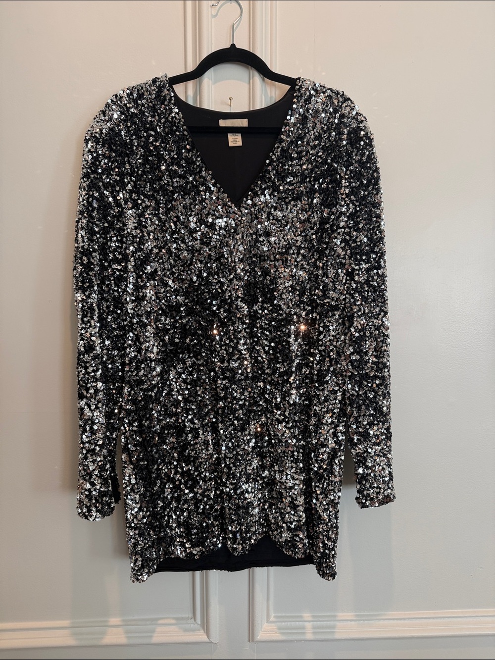 H&M Black and Silver Sequin Long Sleeve V-Neck Dress